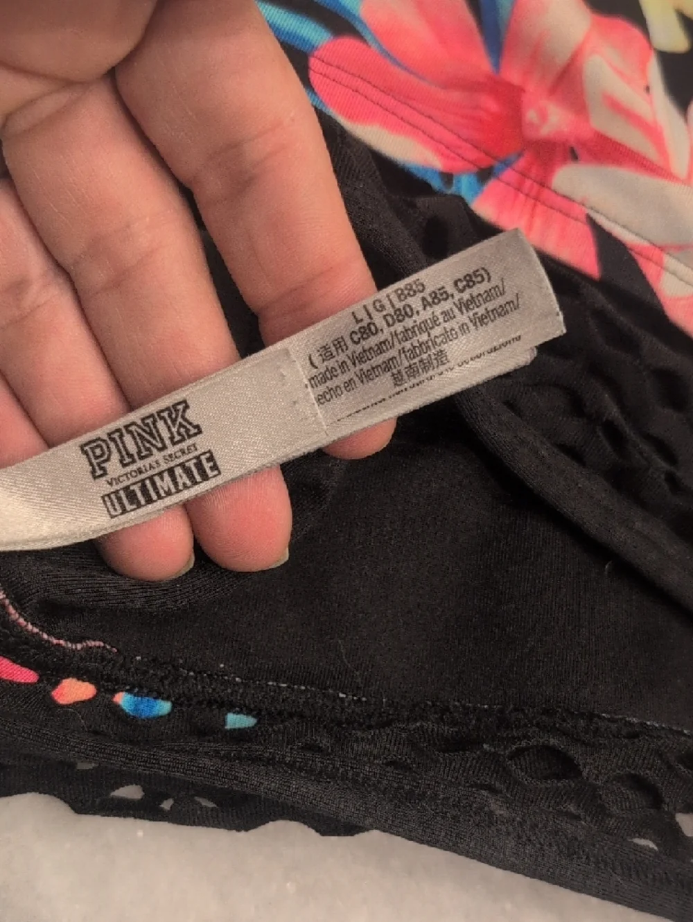 PINK Victoria's Secret Black Floral Sports Bralette with Pink & Blue Hibiscus 2